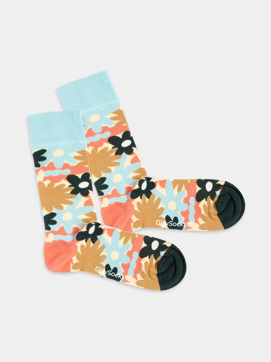 - Socken in Blau Beige mit Blumen Motiv/Muster von DillySocks