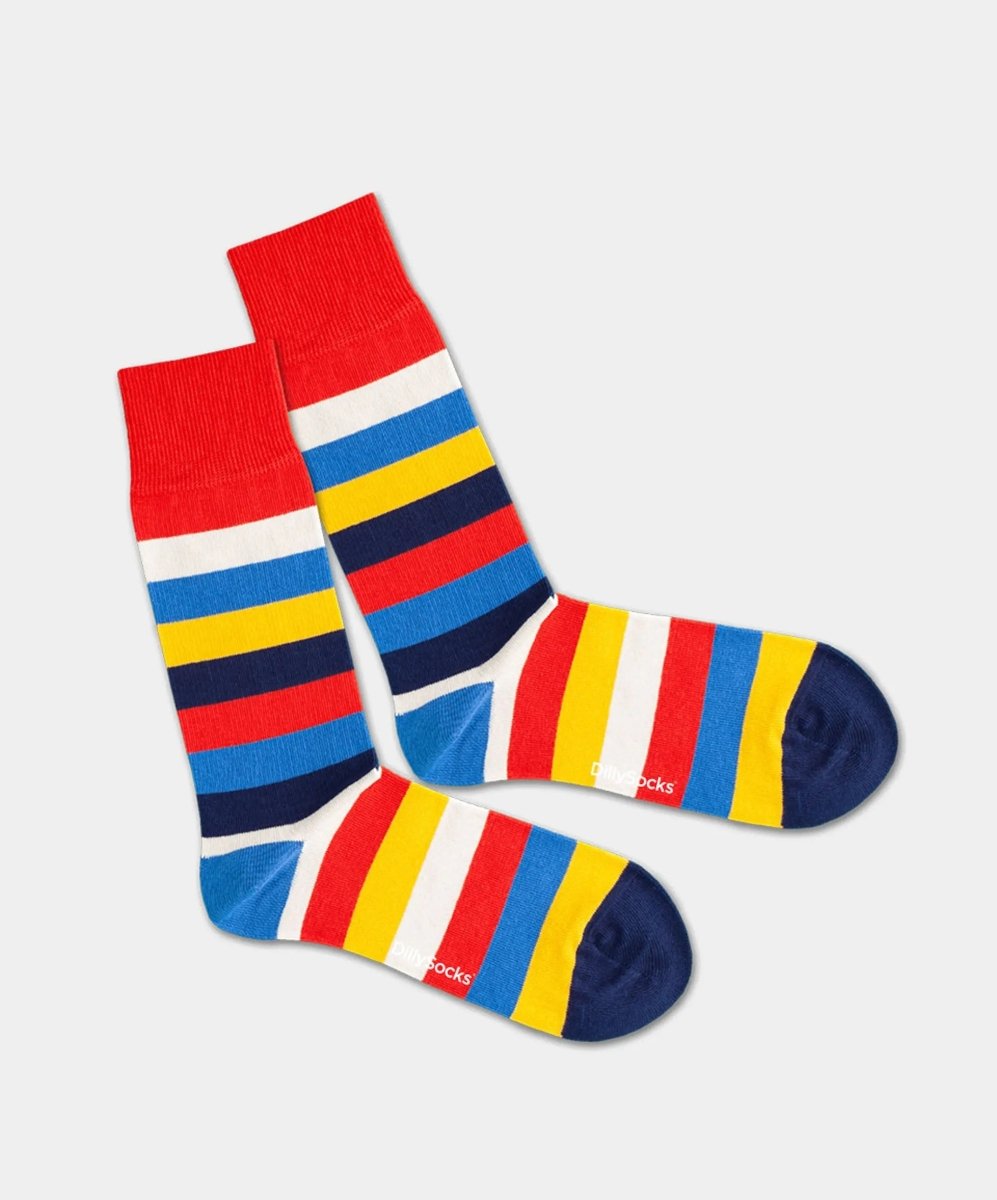 - Socken in Gelb Blau Rot mit Streifen Motiv/Muster - Socken in Gelb Blau Rot mit Streifen Motiv/Muster von DillySocks