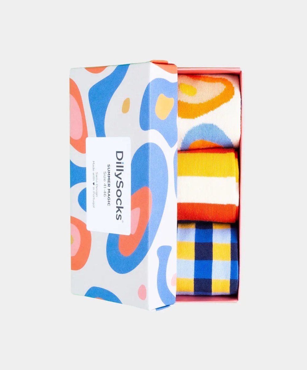 - Socken-Geschenkbox in Gelb Blau Orange Beige mit Camouflage Streifen Geometrisch Motiv/Muster von DillySocks