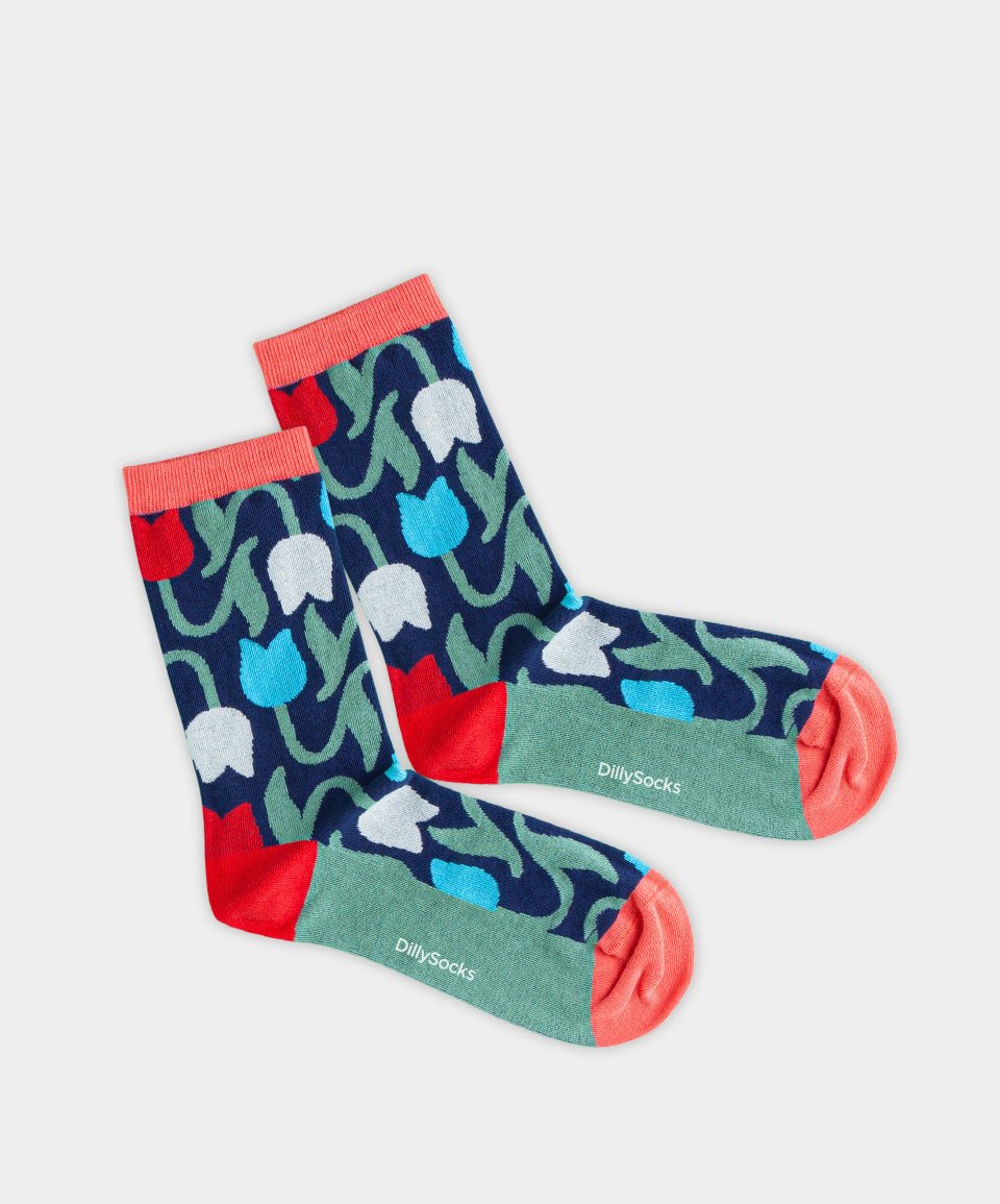 - Damensocken in Blau mit Pflanze Blumen Motiv/Muster - Damensocken in Blau mit Pflanze Blumen Motiv/Muster von DillySocks