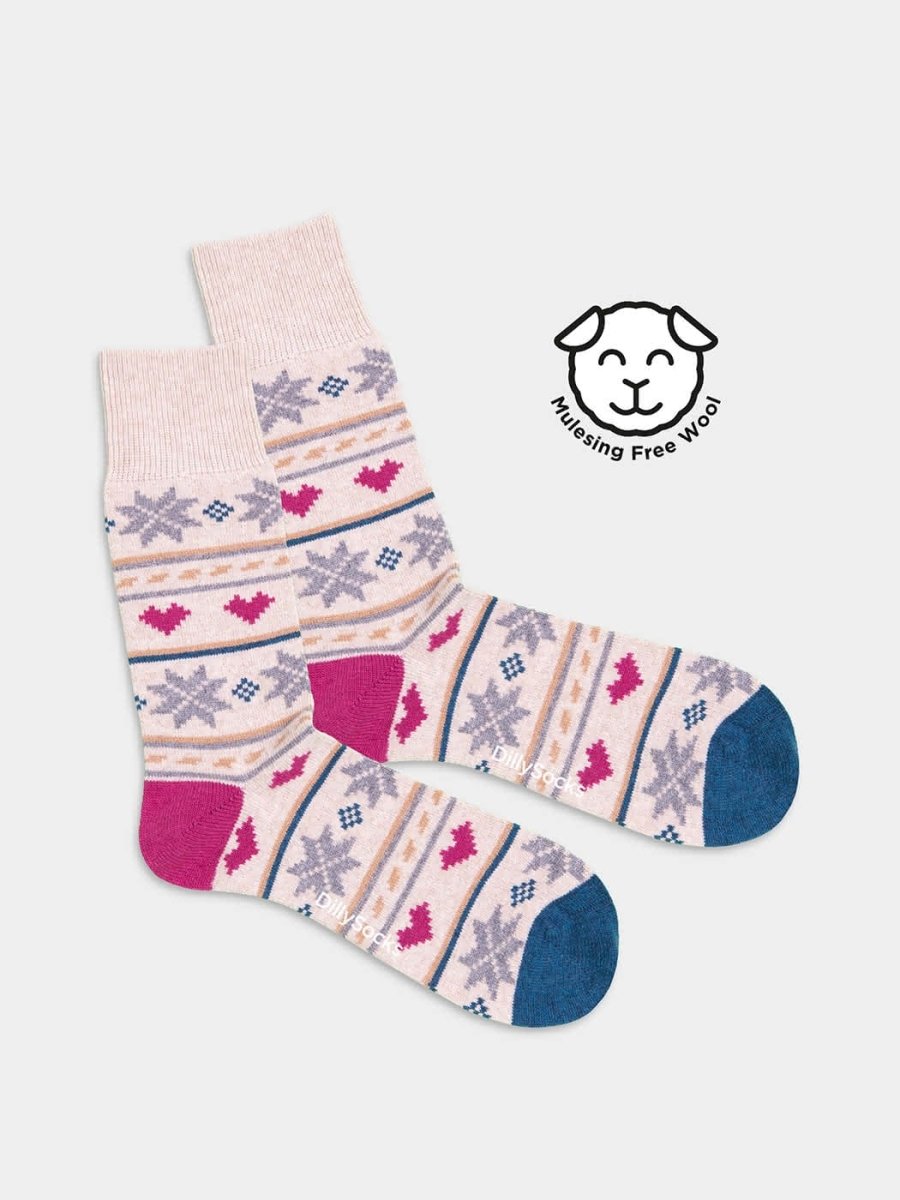 - Wollsocken in Weiss Pink mit Nordisch Motiv/Muster von DillySocks