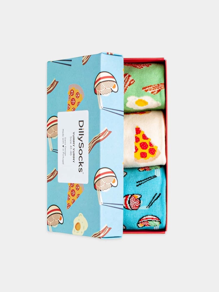 - Socken-Geschenkbox in Blau Weiss Grün mit Essen Motiv/Muster - Socken-Geschenkbox in Blau Weiss Grün mit Essen Motiv/Muster von DillySocks