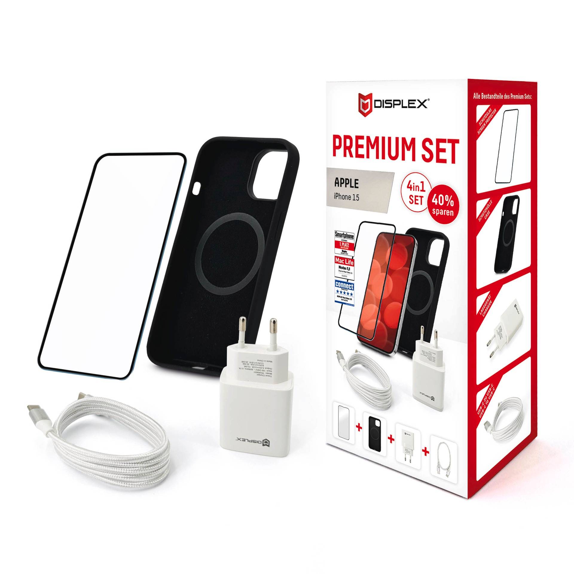 Displex Displayschutzglas »Premium Set 4in1«, für Apple iPhone 15, (Set, 4 St., bestehend aus Displayschutz, Case, Kabel, Netzteil), Displayschutzfolie Schnellladegerät 20 W MagSafe USB-C zu USB-C-Kabel von Displex