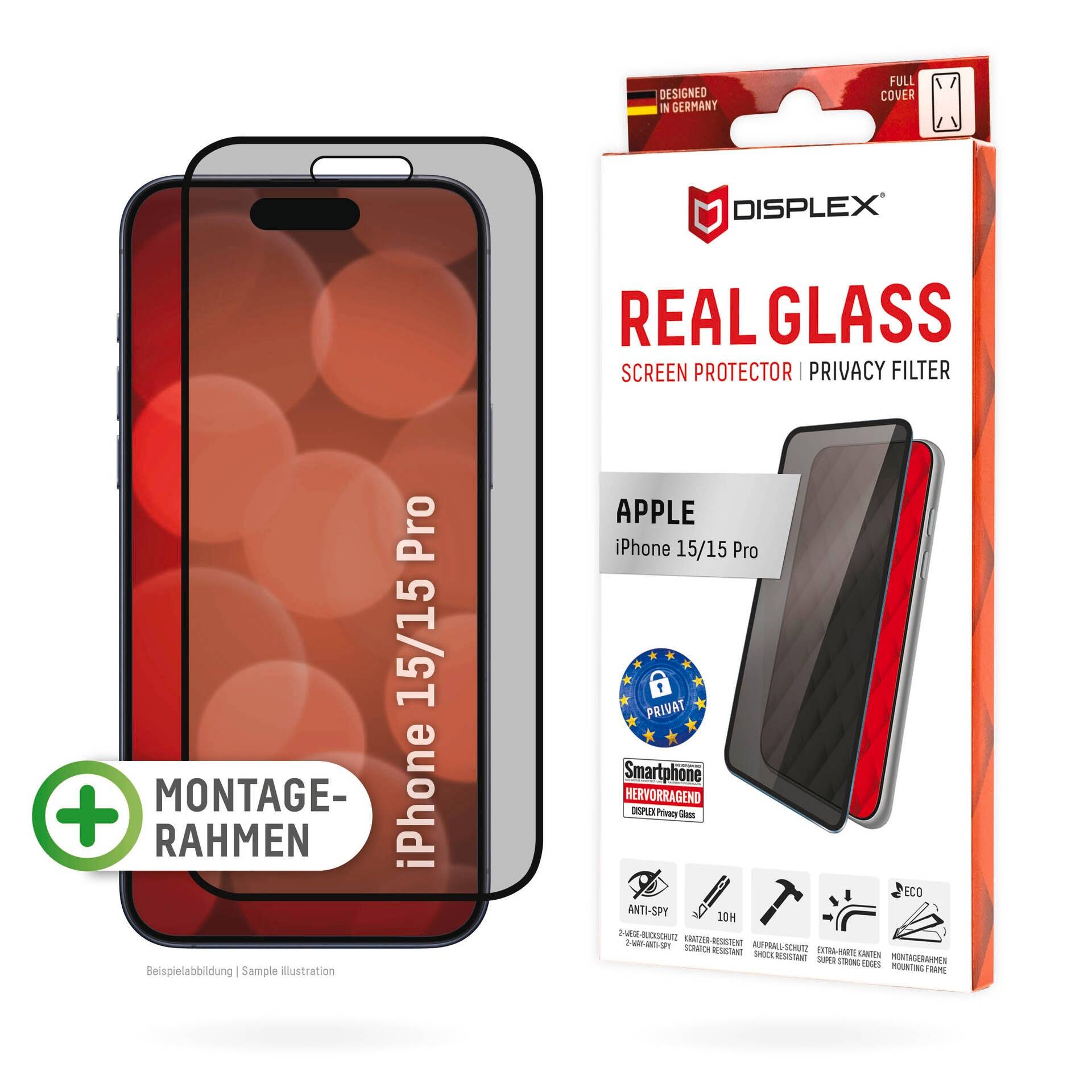 Displex Displayschutzglas »Privacy Glass«, für Apple iPhone 15-Apple iPhone 15 Pro, Blickschutz Displayschutzfolie Displayschutz kratzer-resistent 10H von Displex