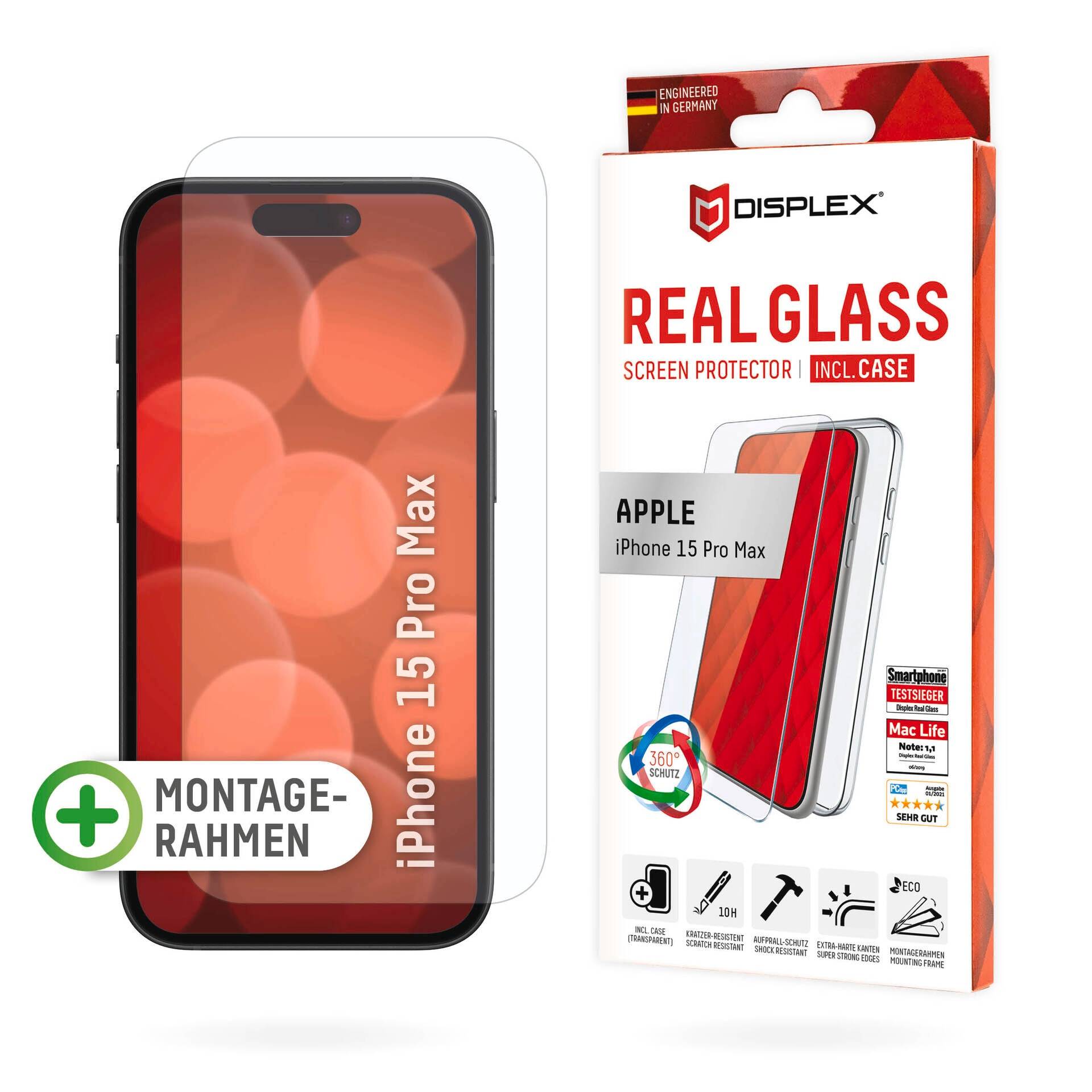 Displex Displayschutzglas »Real Glass + Case«, für Apple iPhone 15 Pro Max, Displayschutzfolie Displayschutz Rundumschutz 360 Grad splitterfest von Displex