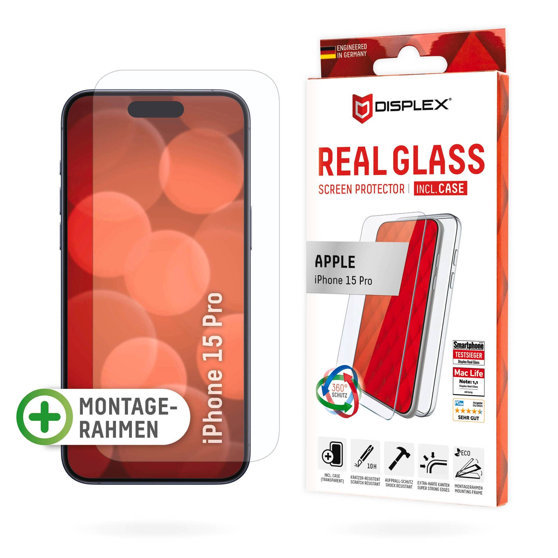 Displex Displayschutzglas »Real Glass + Case«, für Apple iPhone 15 Pro, Displayschutzfolie Displayschutz Rundumschutz 360 Grad splitterfest von Displex