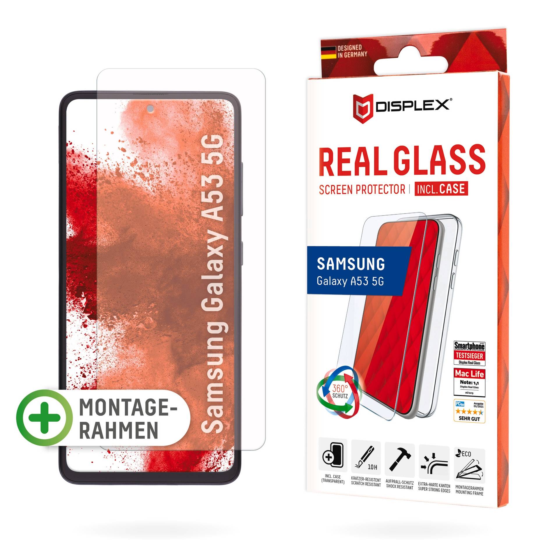 Displex Displayschutzglas »Real Glass + Case«, für Samsung Galaxy A53 5G, Rundumschutz bestehend aus Screen Protector und Case von Displex