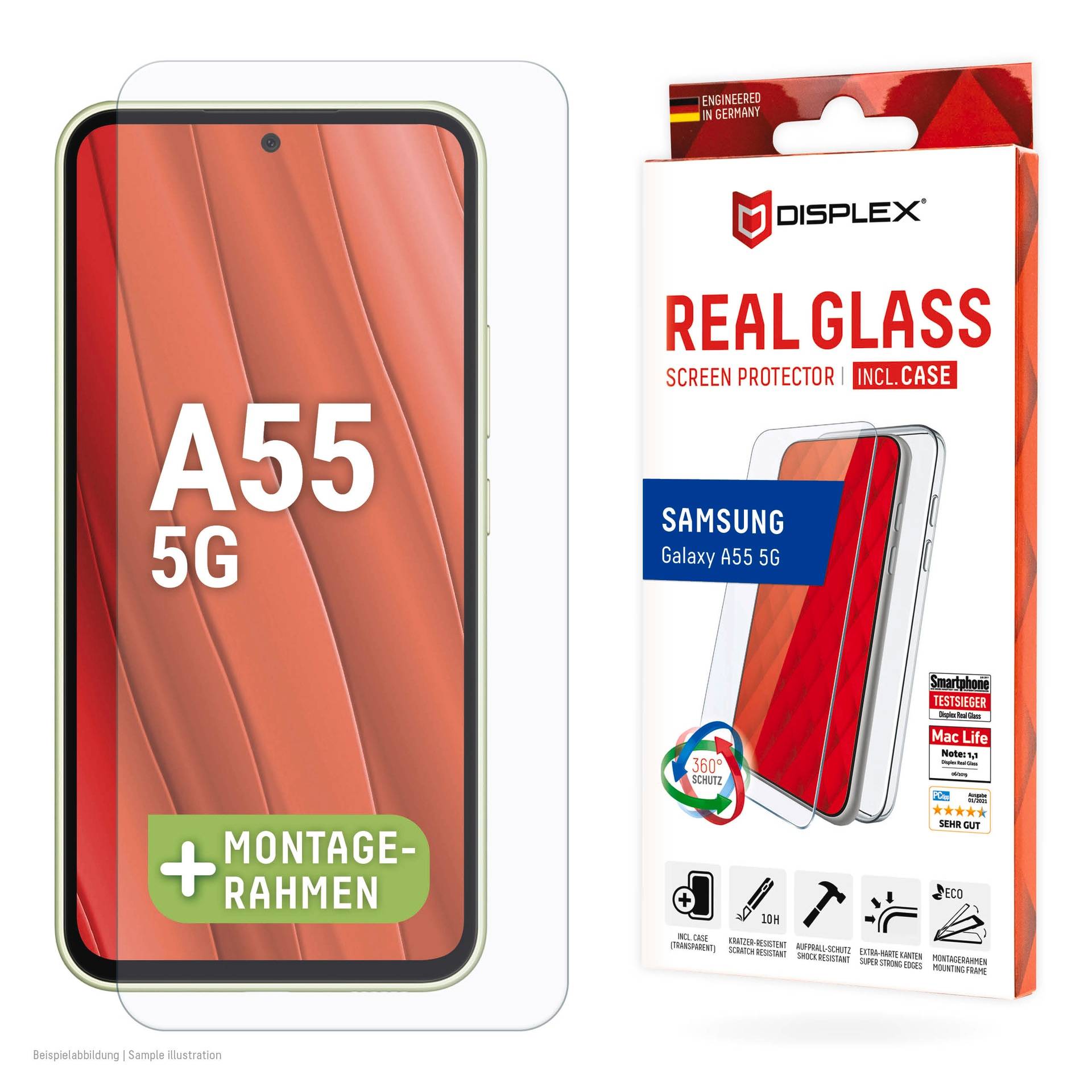 Displex Displayschutzglas »Real Glass + Case«, für Samsung Galaxy A55 5G, (1 St.), Bildschirmschutz, Displayschutzfolie,Einfach anbringen,kratz-&stossfest von Displex