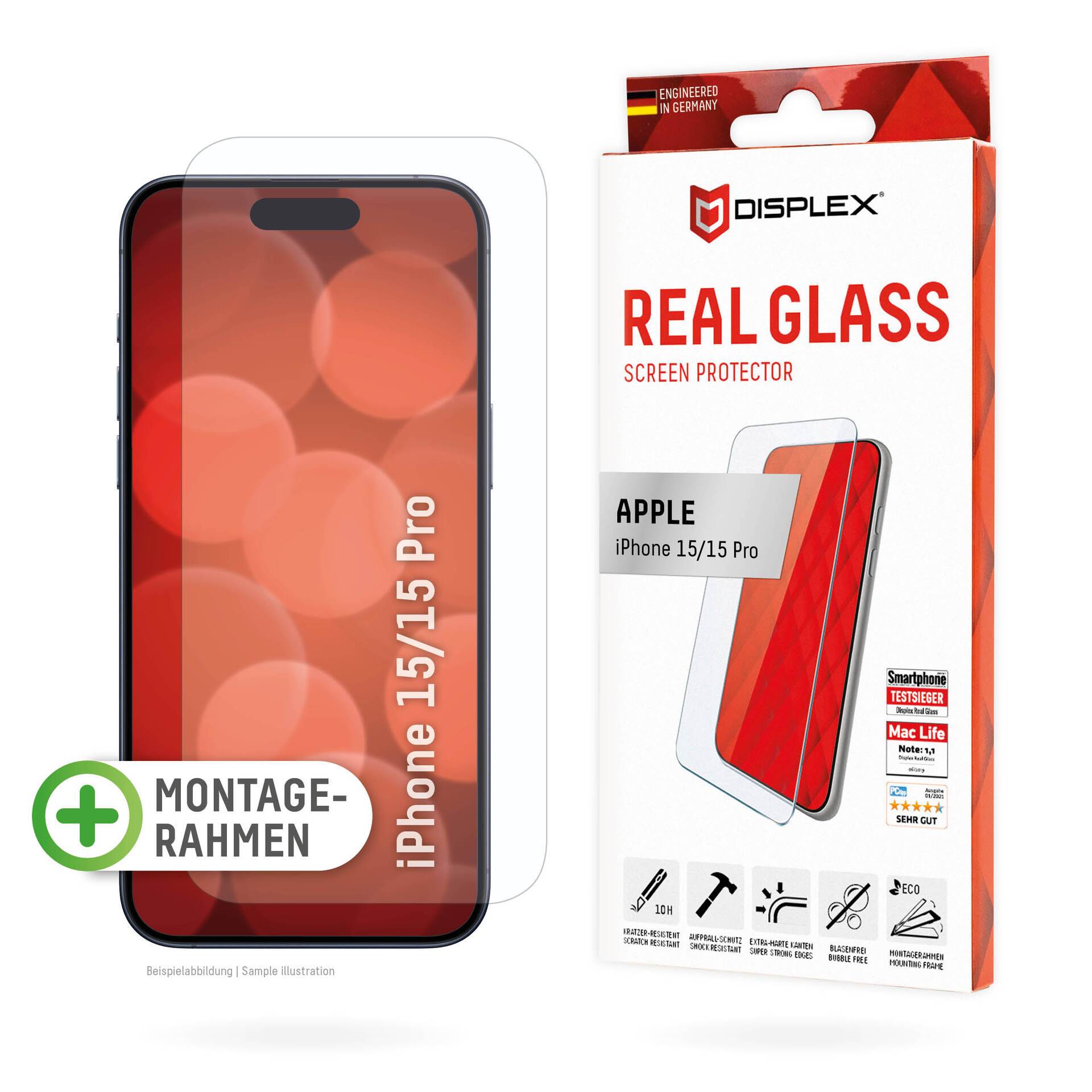 Displex Displayschutzglas »Real Glass«, für Apple iPhone 15-Apple iPhone 15 Pro, Displayschutzfolie Displayschutz kratzer-resistent 10H splitterfest von Displex