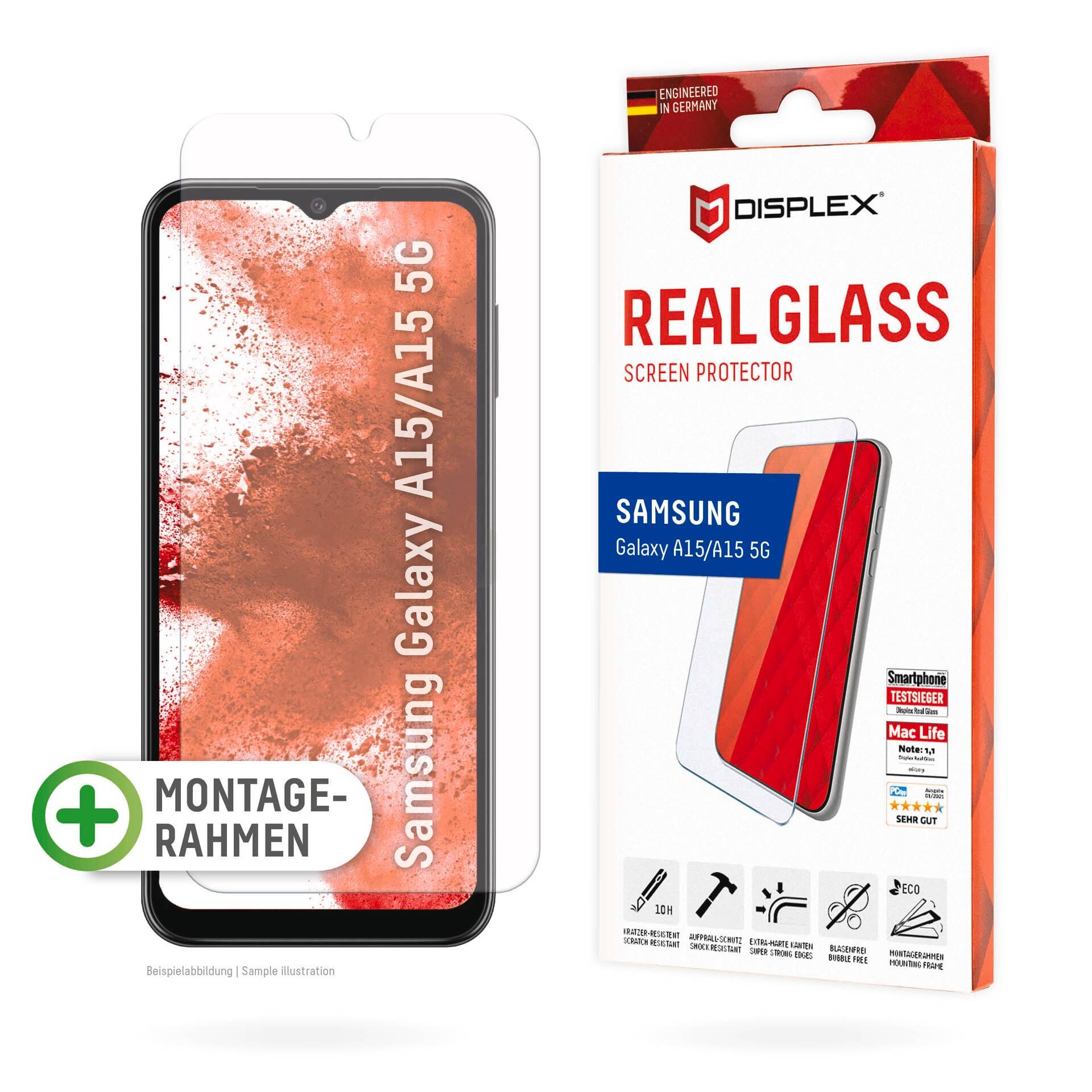 Displex Displayschutzglas »Real Glass«, für Samsung Galaxy A15-Samsung Galaxy A15 5G, Displayschutzfolie Displayschutz kratzer-resistent 10H splitterfest von Displex