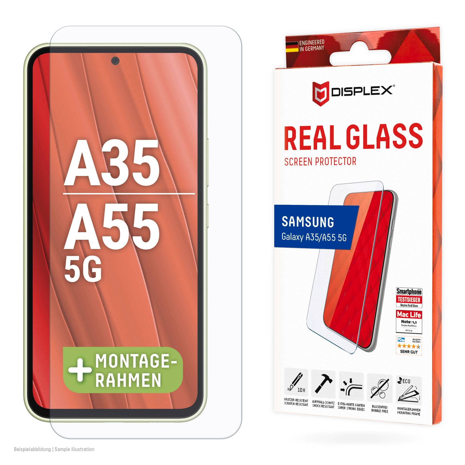 Displex Displayschutzglas »Real Glass«, für Samsung Galaxy A35-Samsung Galaxy A55 5G, (1 St.), Bildschirmschutz, Displayschutzfolie,Einfach anbringen,kratz-&stossfest von Displex