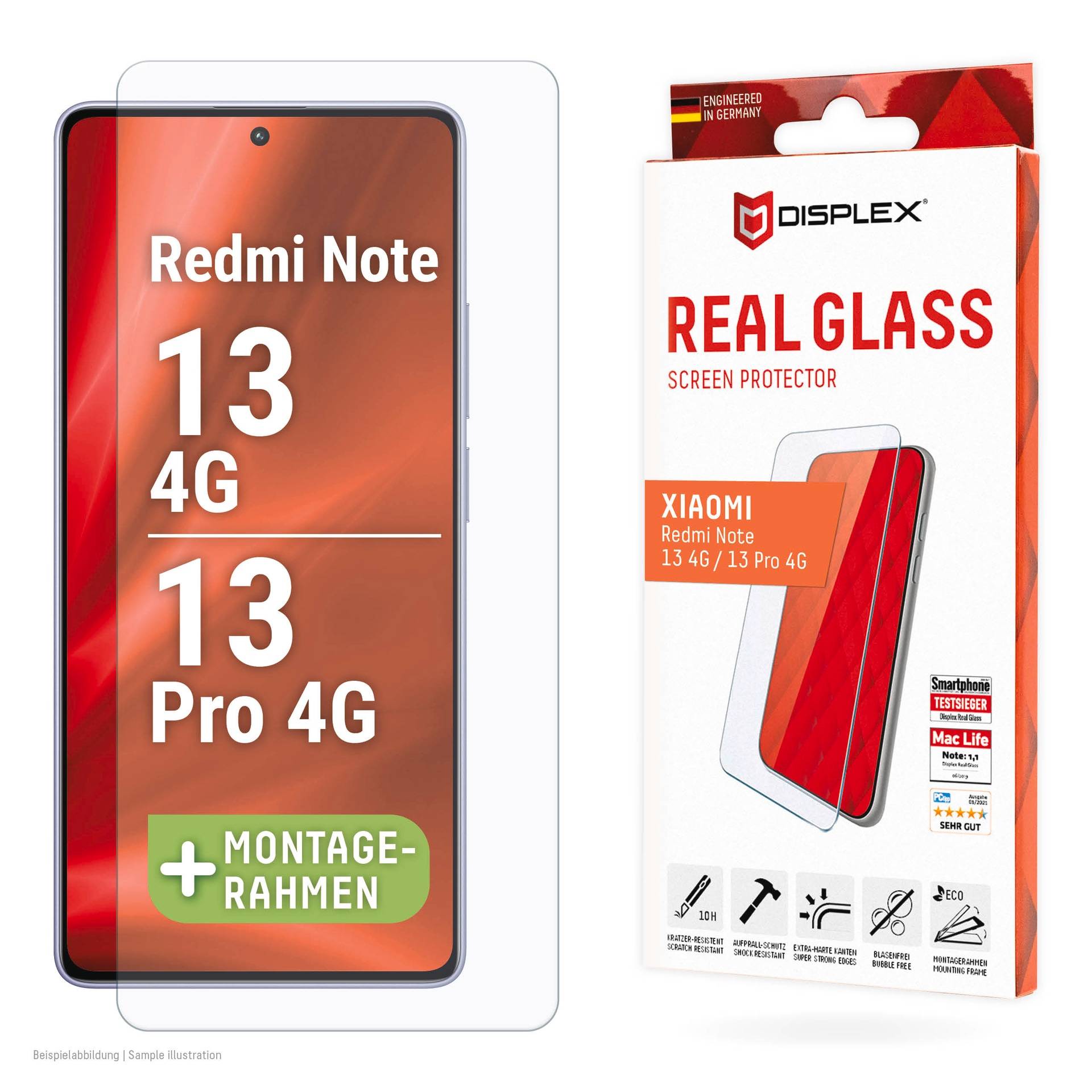 Displex Displayschutzglas »Real Glass«, für Xiaomi Redmi Note 13 4G-Xiaomi Redmi Note 13 Pro 4G, (1 St.), Bildschirmschutz, Displayschutzfolie,Einfach anbringen,kratz-&stossfest von Displex