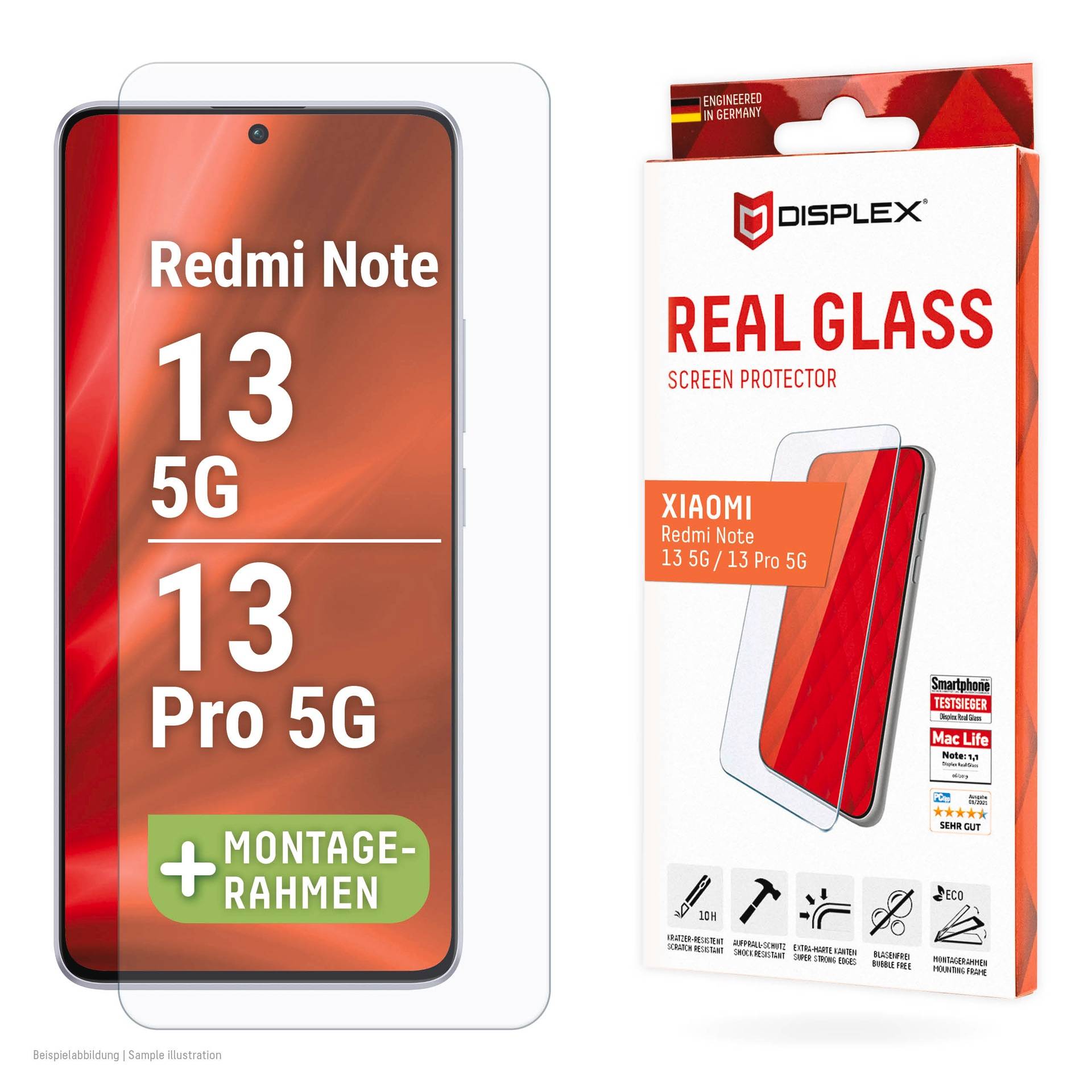 Displex Displayschutzglas »Real Glass«, für Xiaomi Redmi Note 13 5G-Xiaomi Redmi Note 13 Pro 5G, (1 St.), Bildschirmschutz, Displayschutzfolie,Einfach anbringen,kratz-&stossfest von Displex