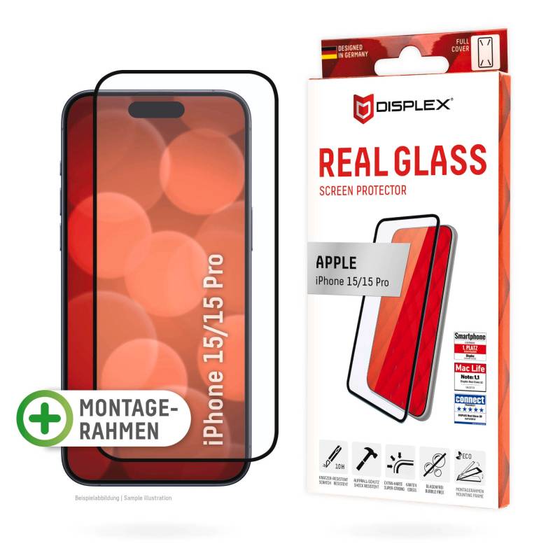 Displex Displayschutzglas »Real Glass FC«, für Apple iPhone 15-Apple iPhone 15 Pro, Displayschutzfolie Displayschutz kratzer-resistent 10H splitterfest von Displex