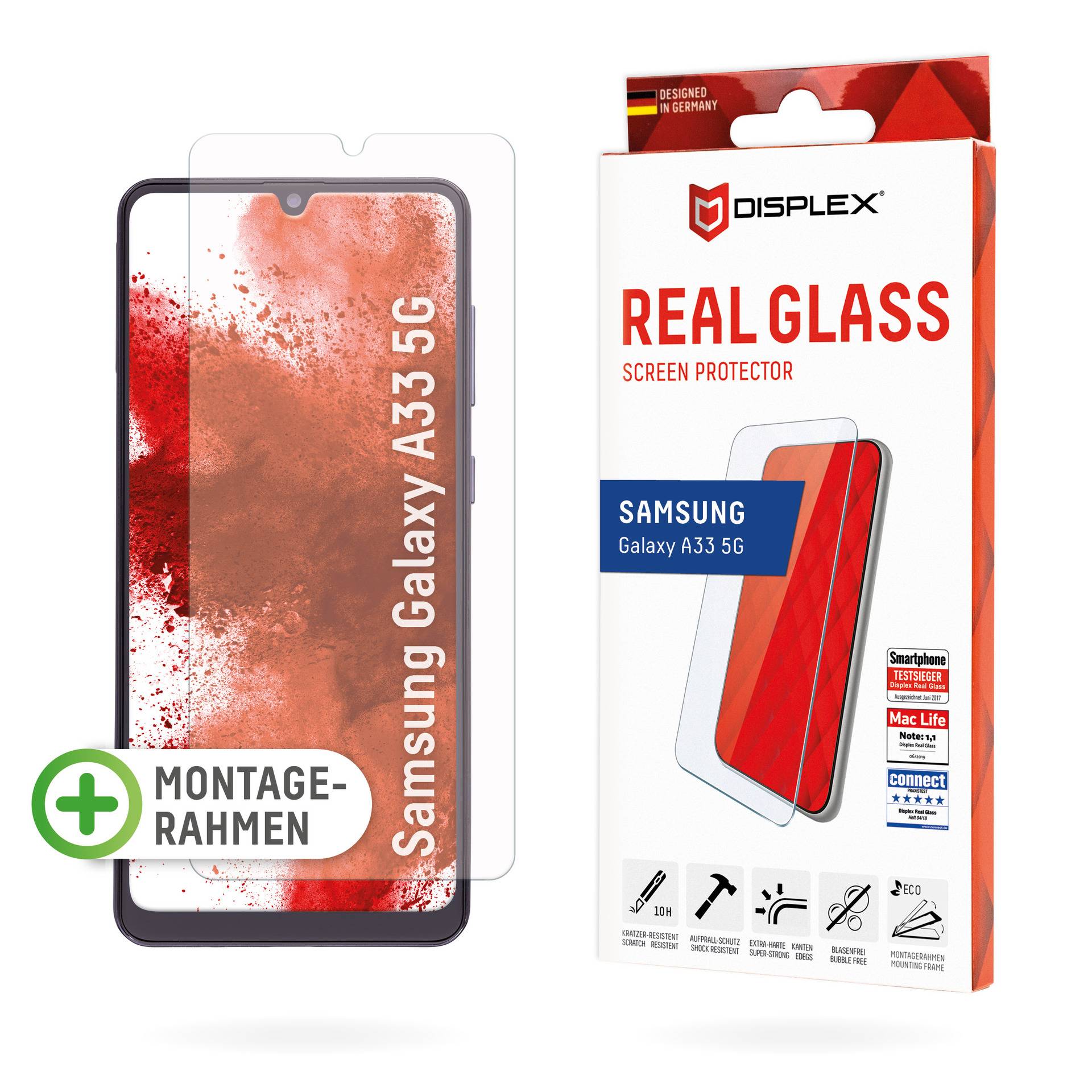 Displex Displayschutzglas »Real Glass - Samsung Galaxy A33 5G«, Displayschutzfolie Displayschutz kratzer-resistent 10H splitterfest von Displex