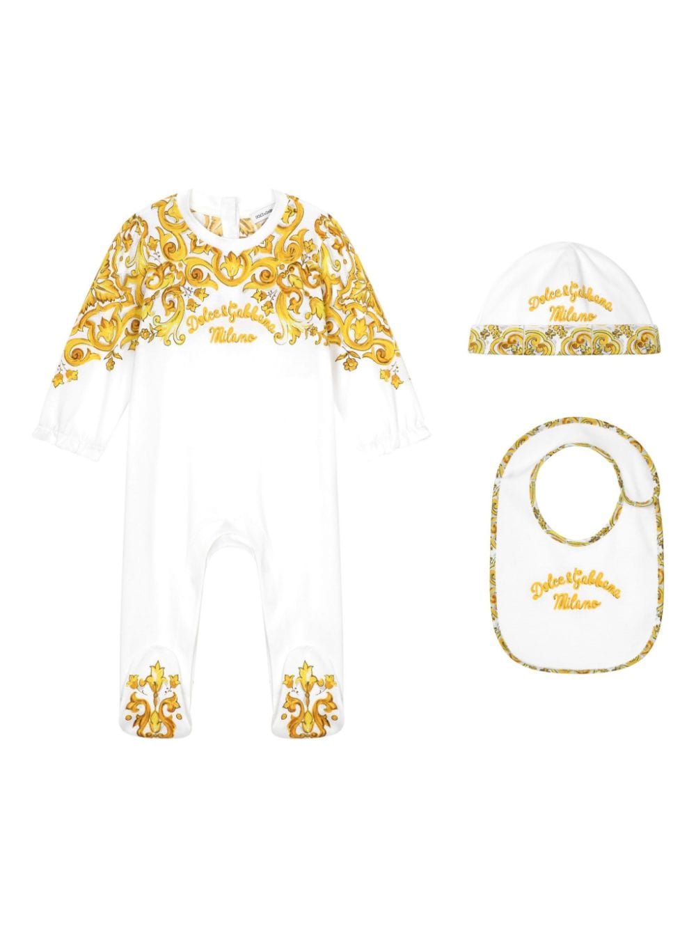 Dolce & Gabbana Kids 3-piece gift set in yellow majolica-print jersey - White von Dolce & Gabbana Kids