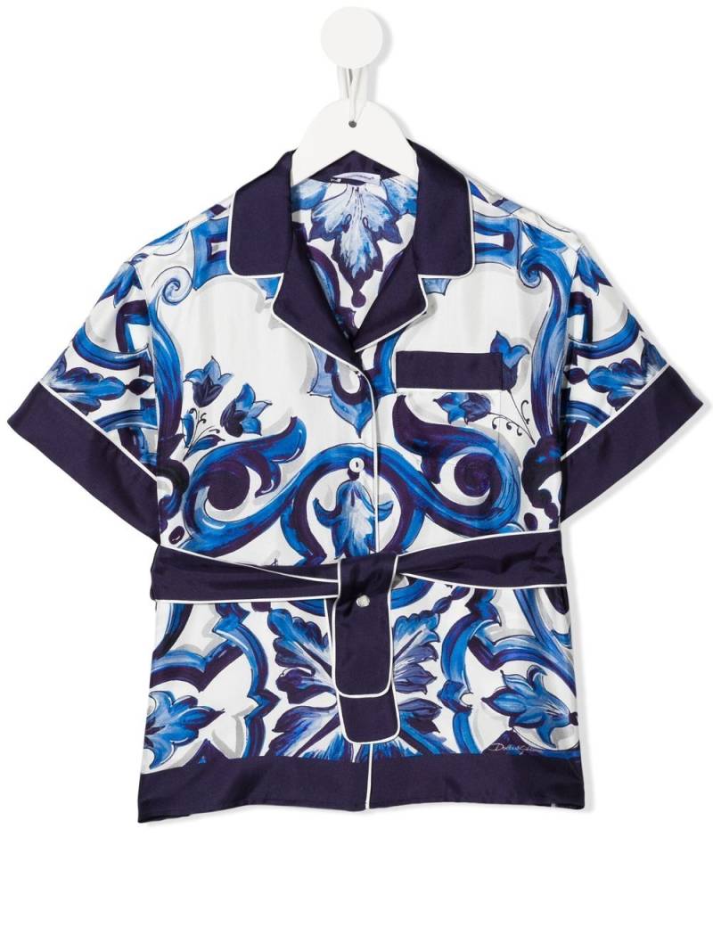 Dolce & Gabbana Kids Majolica-print belted shirt - Blue von Dolce & Gabbana Kids