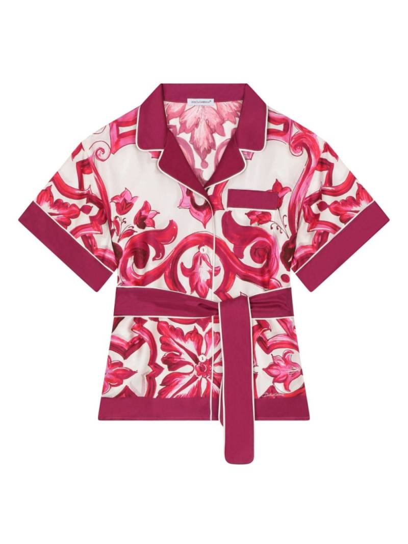 Dolce & Gabbana Kids Majolica-print belted silk shirt - White von Dolce & Gabbana Kids