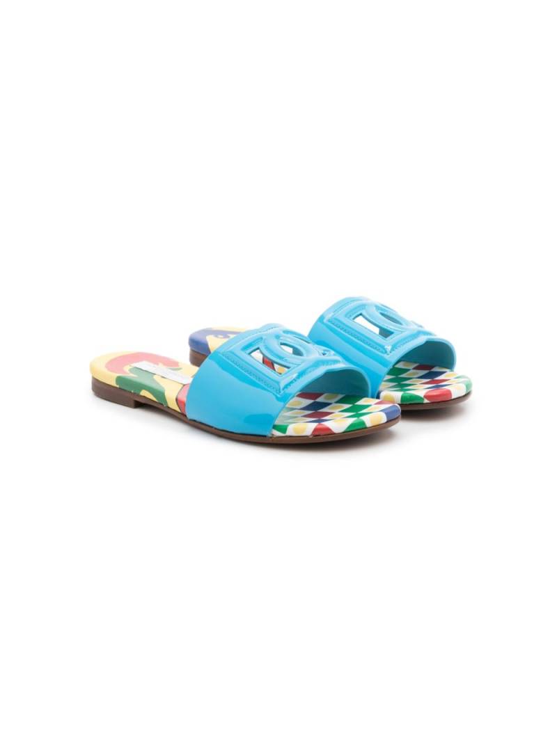 Dolce & Gabbana Kids Majolica-print leather slides - Blue von Dolce & Gabbana Kids