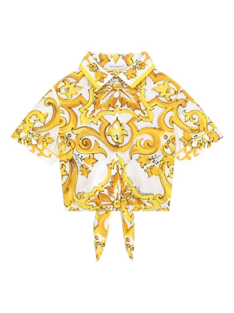 Dolce & Gabbana Kids Majolica tie cropped shirt - Yellow von Dolce & Gabbana Kids