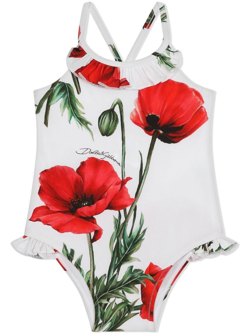 Dolce & Gabbana Kids floral-print ruffle-trim one-piece - White von Dolce & Gabbana Kids