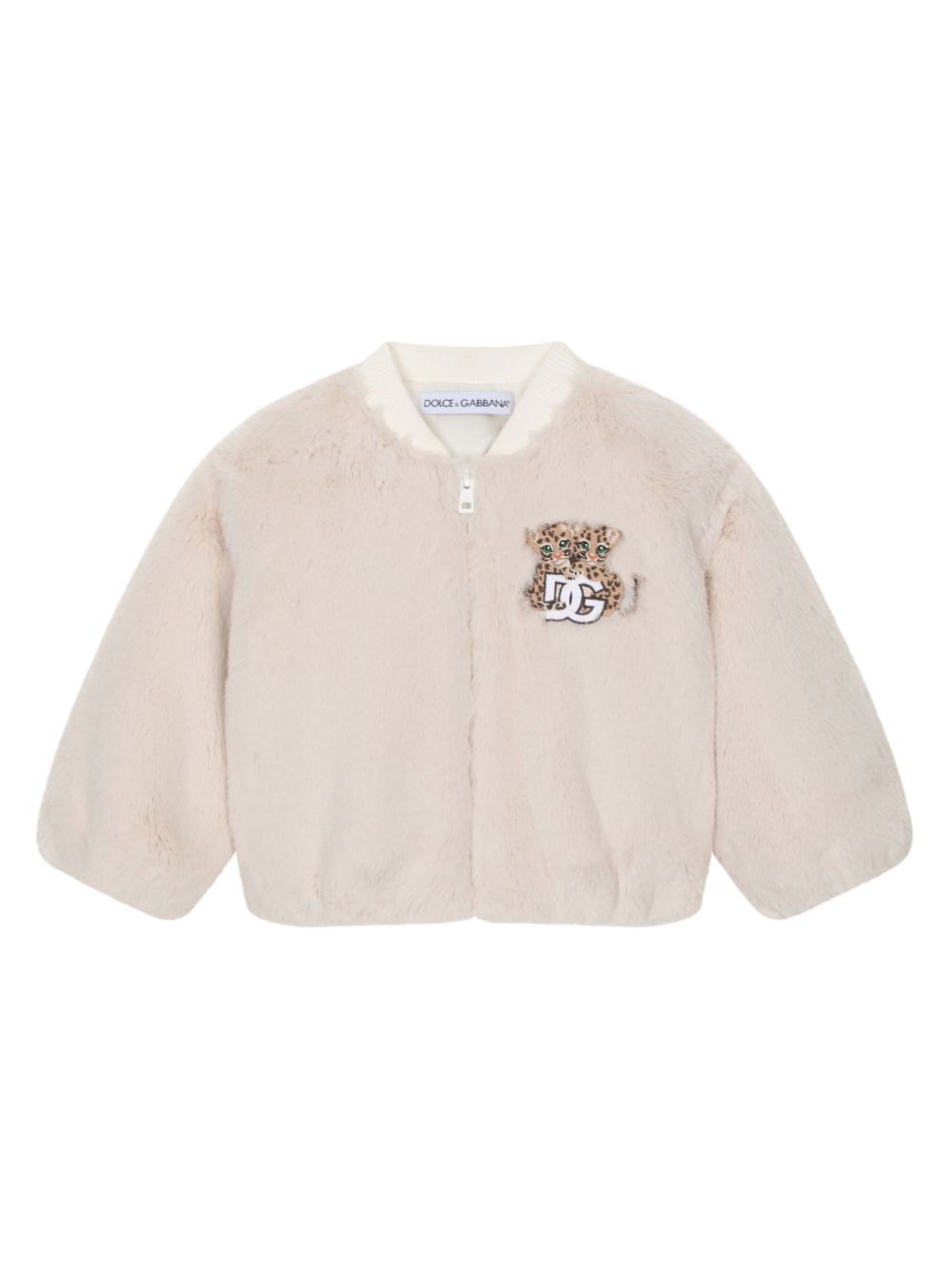 Dolce & Gabbana Kids logo-patch faux-fur jacket - Neutrals von Dolce & Gabbana Kids