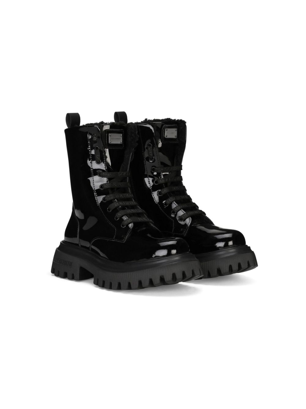 Dolce & Gabbana Kids logo-plaque patent-leather combat boots - Black von Dolce & Gabbana Kids