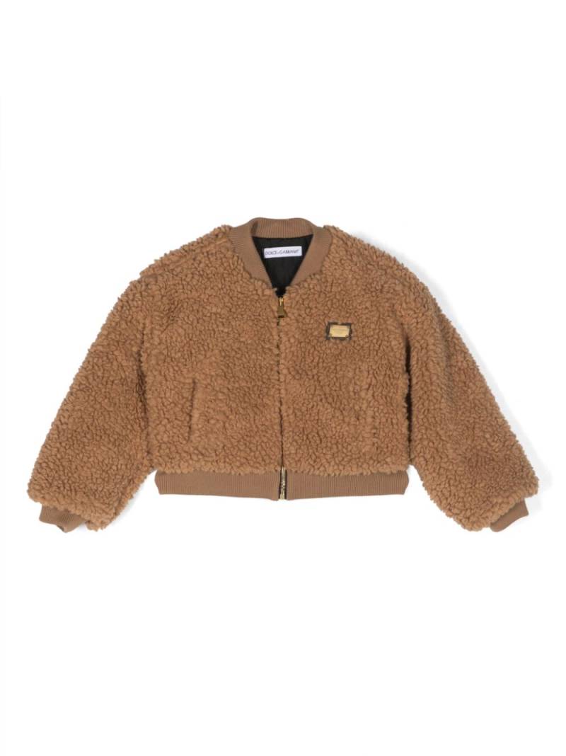 Dolce & Gabbana Kids logo-plaque shearling bomber jacket - Brown von Dolce & Gabbana Kids