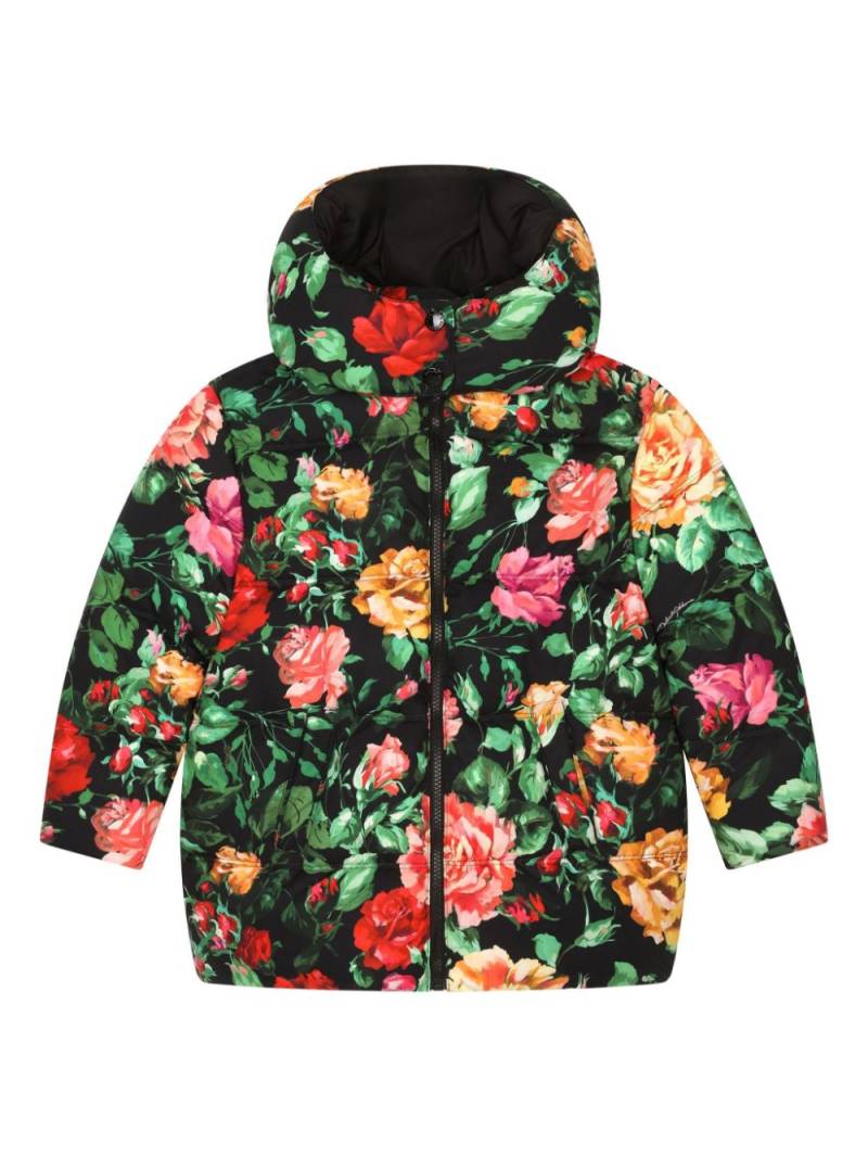 Dolce & Gabbana Kids rose-print padded hooded jacket - Black von Dolce & Gabbana Kids