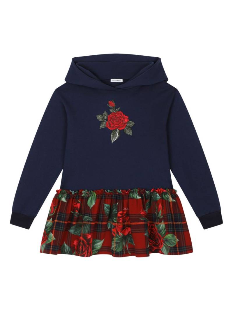 Dolce & Gabbana Kids rose-print tartan hoodie dress - Blue von Dolce & Gabbana Kids