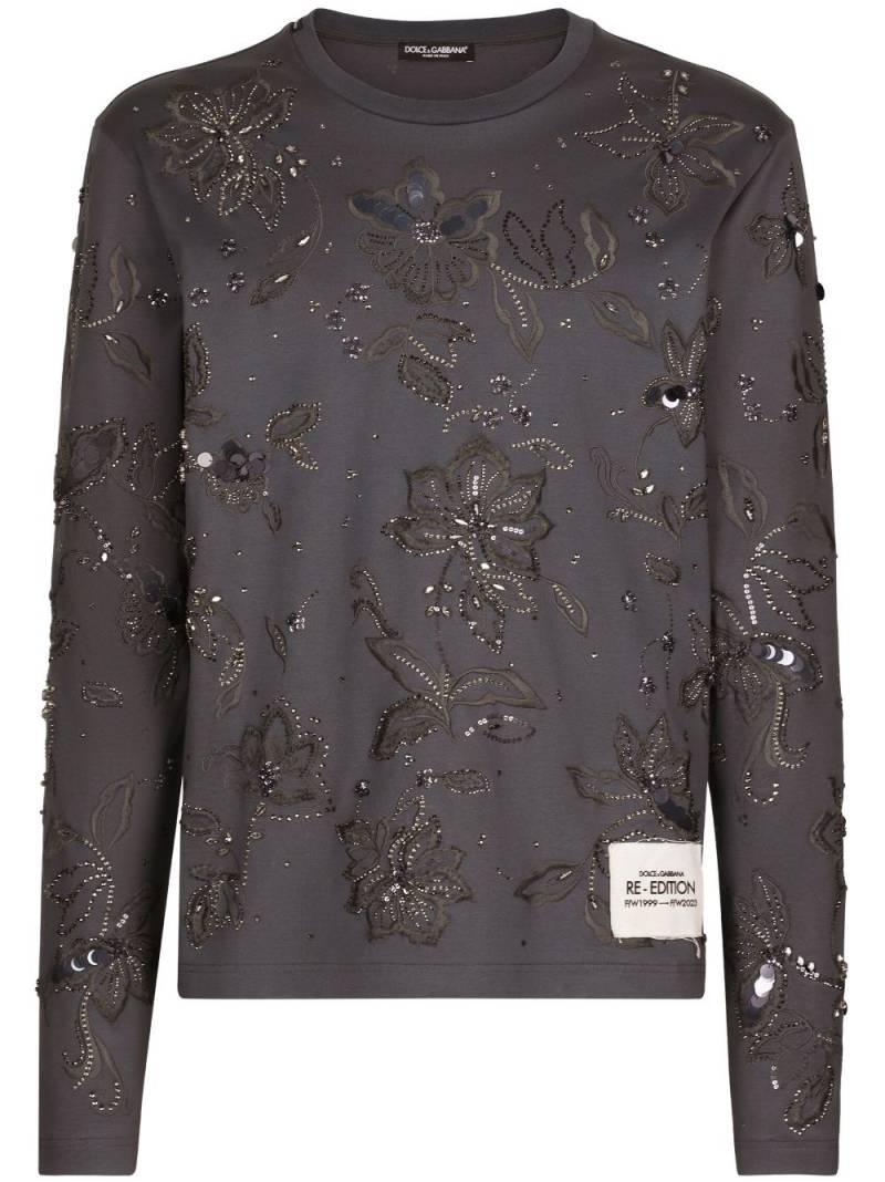 Dolce & Gabbana embroidered long-sleeved cotton T-shirt - Grey von Dolce & Gabbana