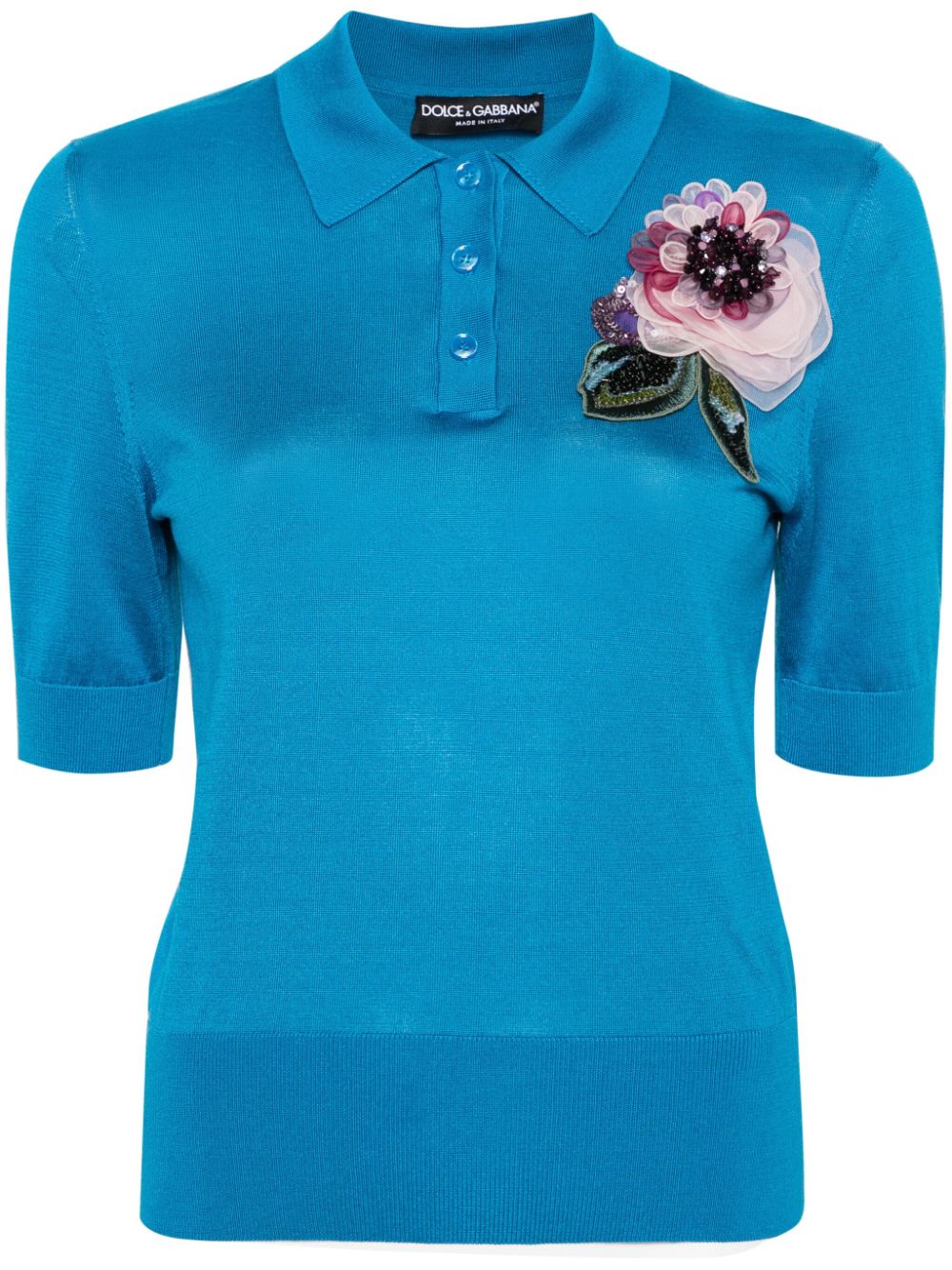 Dolce & Gabbana floral-appliqué knit polo shirt - Blue von Dolce & Gabbana