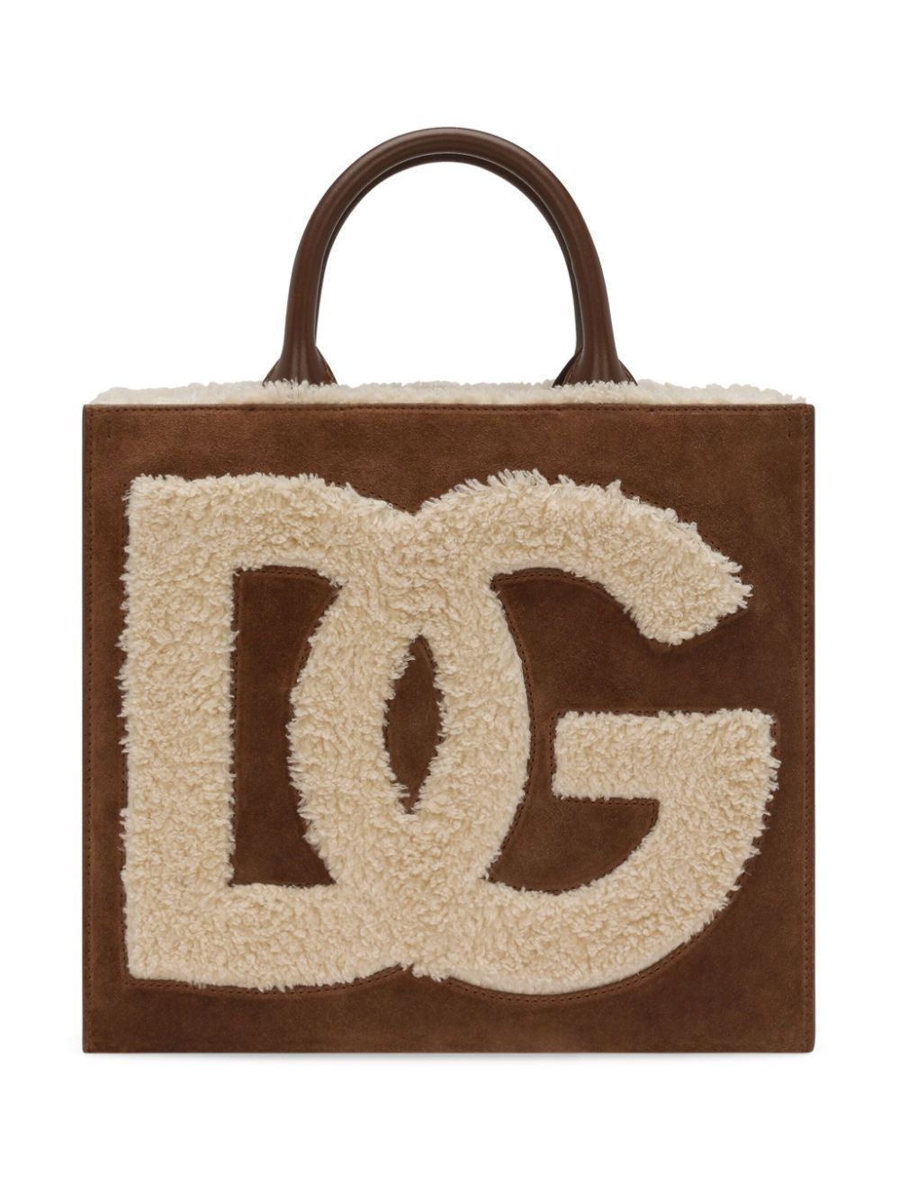 Dolce & Gabbana logo-embroidered shearling-detail bag - Brown von Dolce & Gabbana