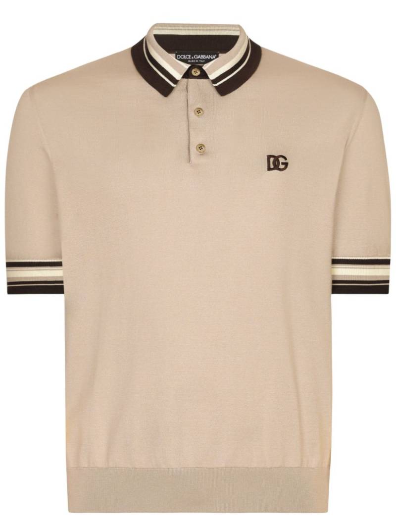 Dolce & Gabbana logo-embroidery silk polo shirt - Neutrals von Dolce & Gabbana