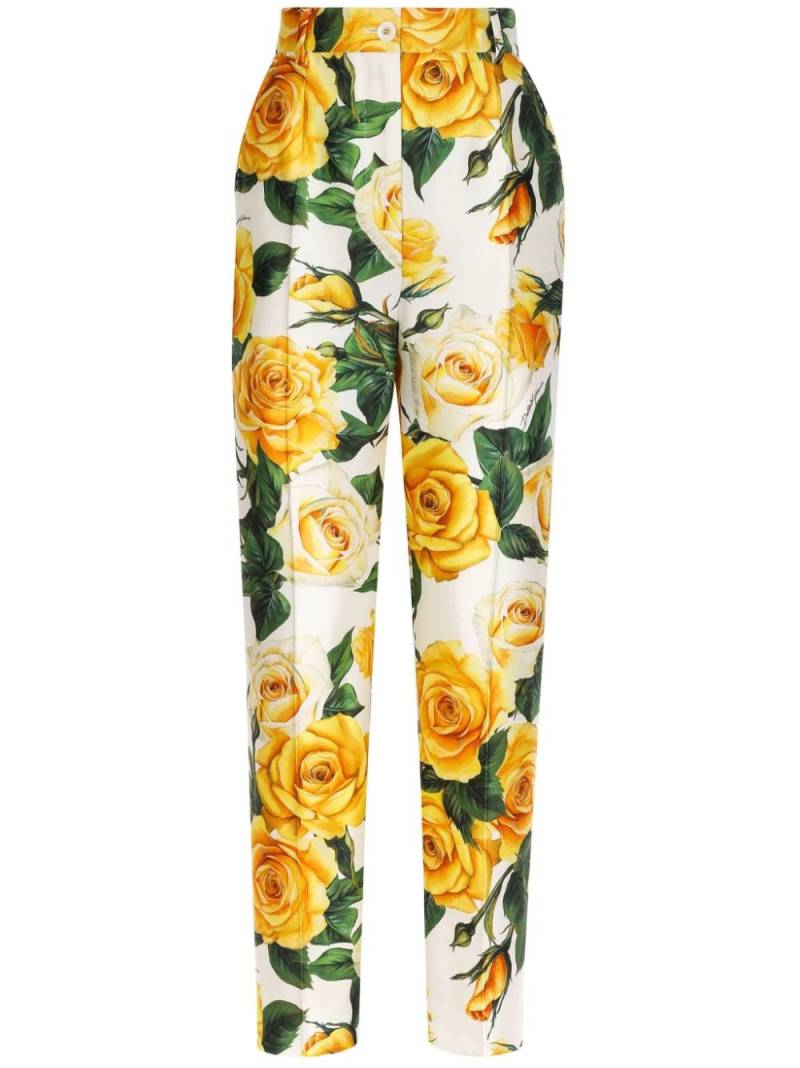 Dolce & Gabbana rose-print high-waisted trousers - White von Dolce & Gabbana