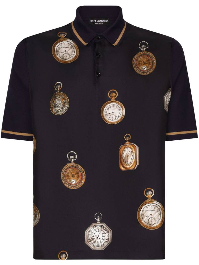 Dolce & Gabbana watches-print silk polo shirt - Black von Dolce & Gabbana