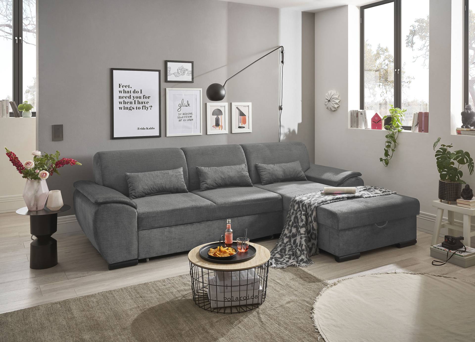 ED EXCITING DESIGN Ecksofa »Tampa L-Form«, frei im Raum stellbar, mit Bettkasten, Schlaffunktion, 3 Nierenkissen von ED EXCITING DESIGN