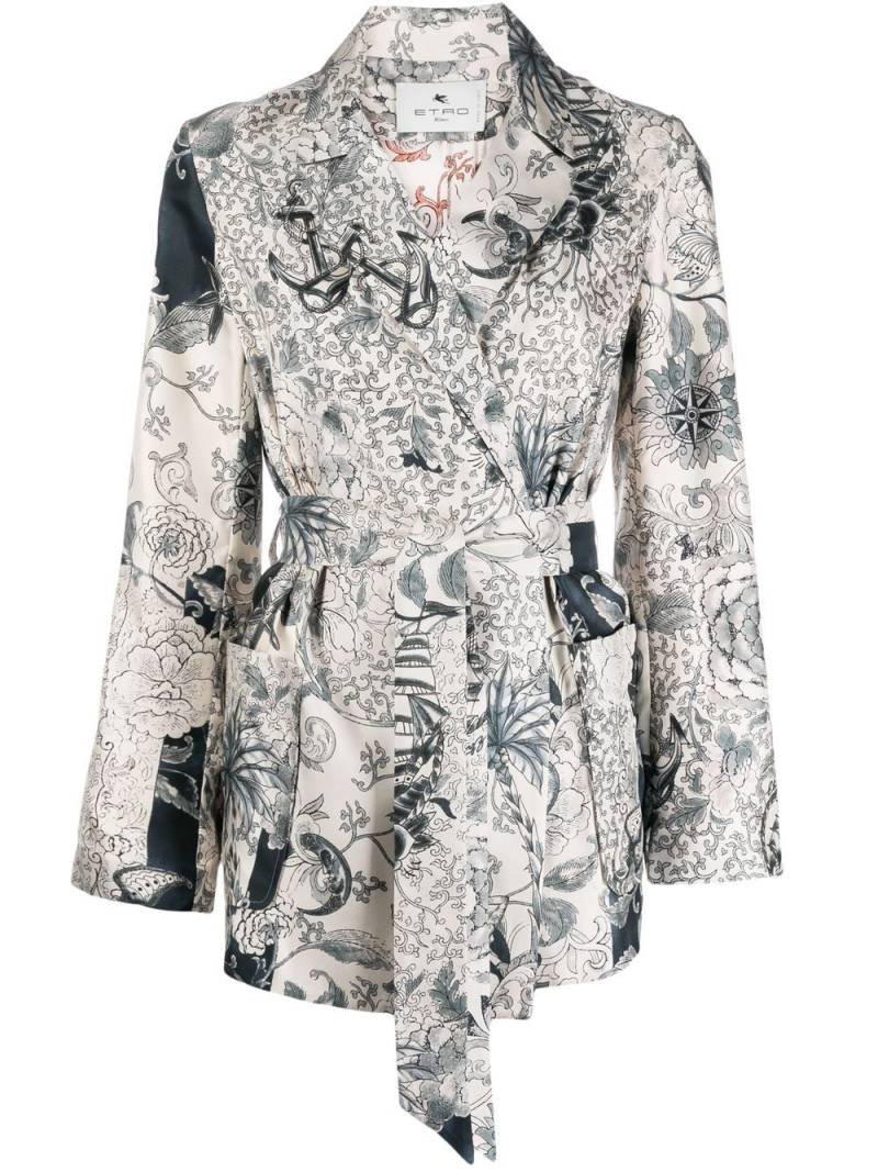 ETRO graphic-print belted silk jacket - White von ETRO