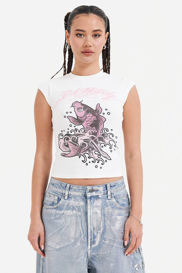 Ed Hardy Koi Fish Crop T-Shirt | White | Damen  | L von Ed Hardy