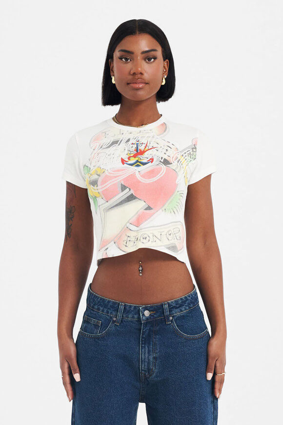 Ed Hardy Lucky Anchor Baby Crop T-Shirt | Offwhite | Damen  | L von Ed Hardy