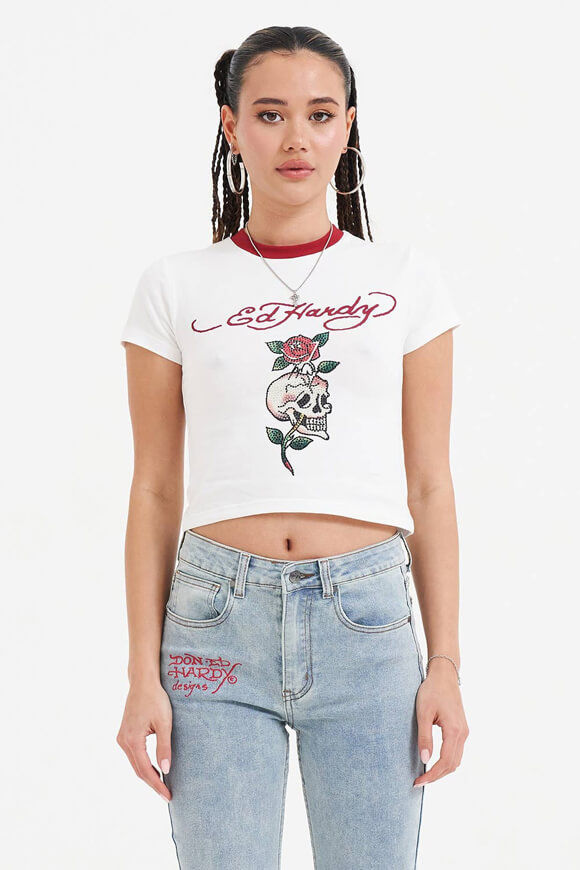 Ed Hardy Skull Rose Crop T-Shirt | White | Damen  | L von Ed Hardy