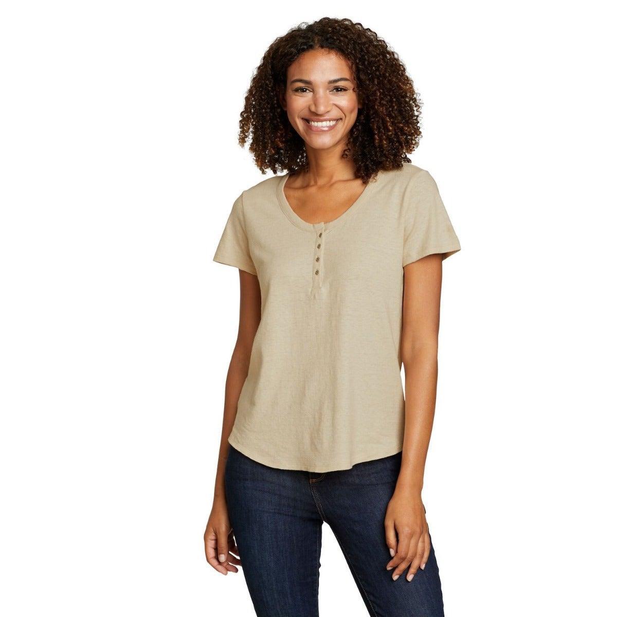 Hemplify Tshirt Henleykragen Kurzärmlig Damen Beige L von Eddie Bauer