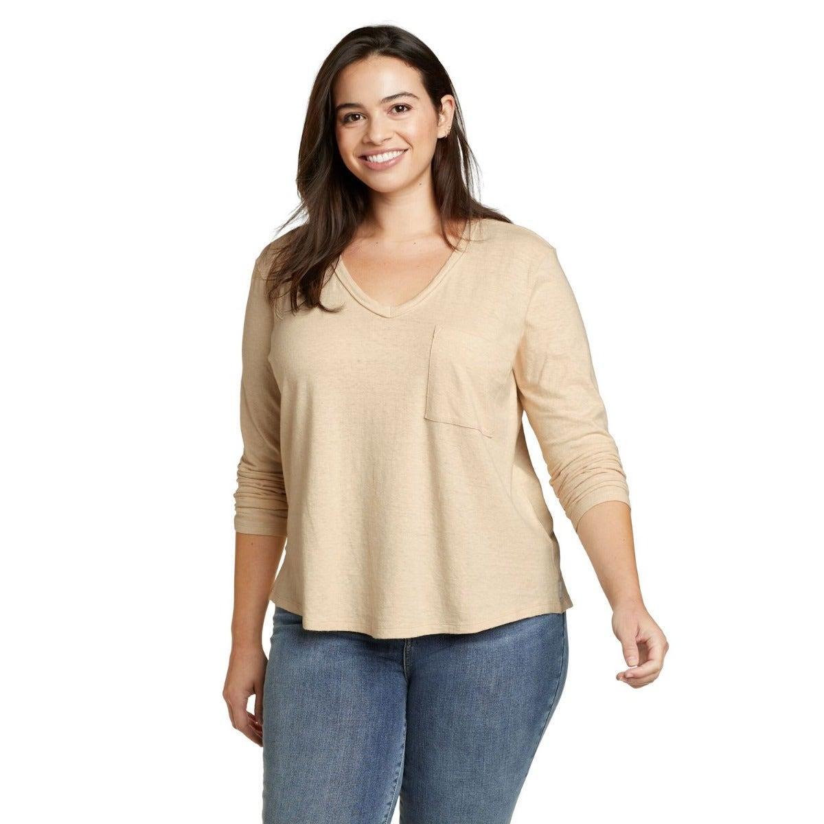 Hemplify Tshirt Vausschnitt Langärmlig Damen Beige L von Eddie Bauer