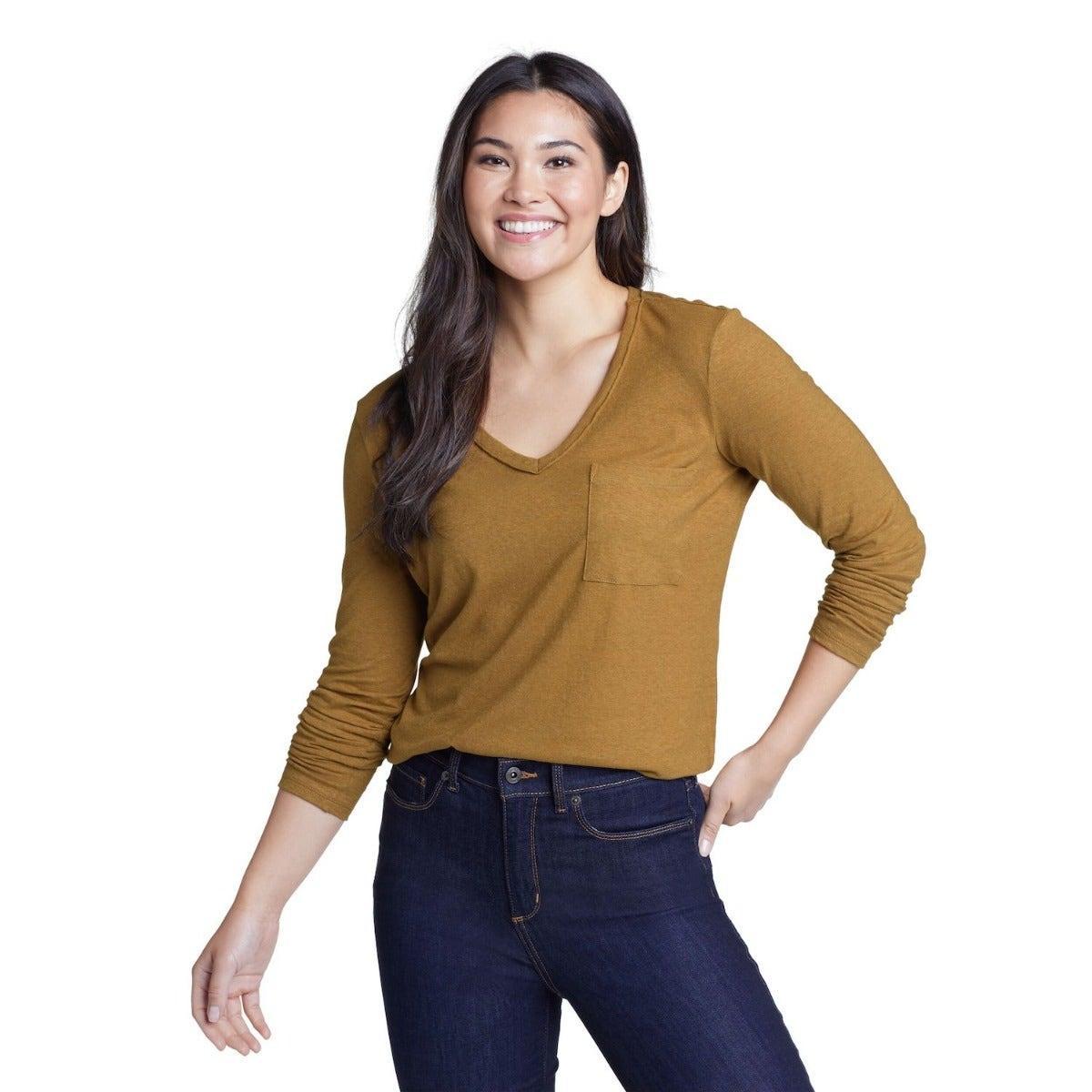 Hemplify Tshirt Vausschnitt Langärmlig Damen Bronze L von Eddie Bauer