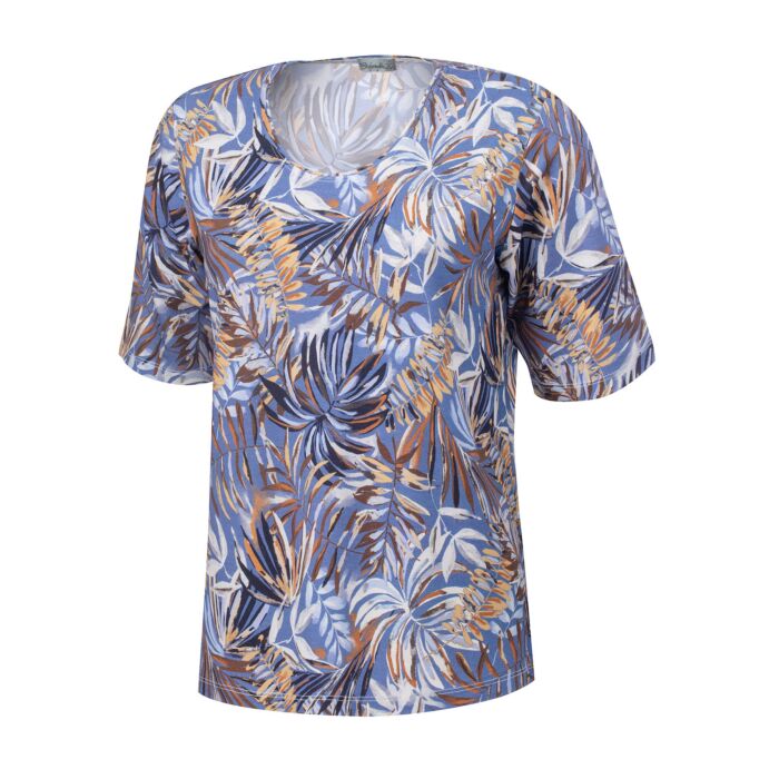 Damen-Shirt mit Blumenprint und Rundhalsausschnitt, blau, 52 von Edi Müller