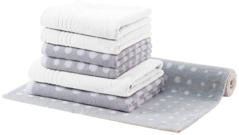 Egeria Handtuch Set »DOT«, (7 St., 4 Handtücher (50x100 cm)-2 Duschtücher (70x140 cm)-1 Badematte (70x120 cm), mit passender Badematte 70x120 cm im Punkt Dessin von Egeria