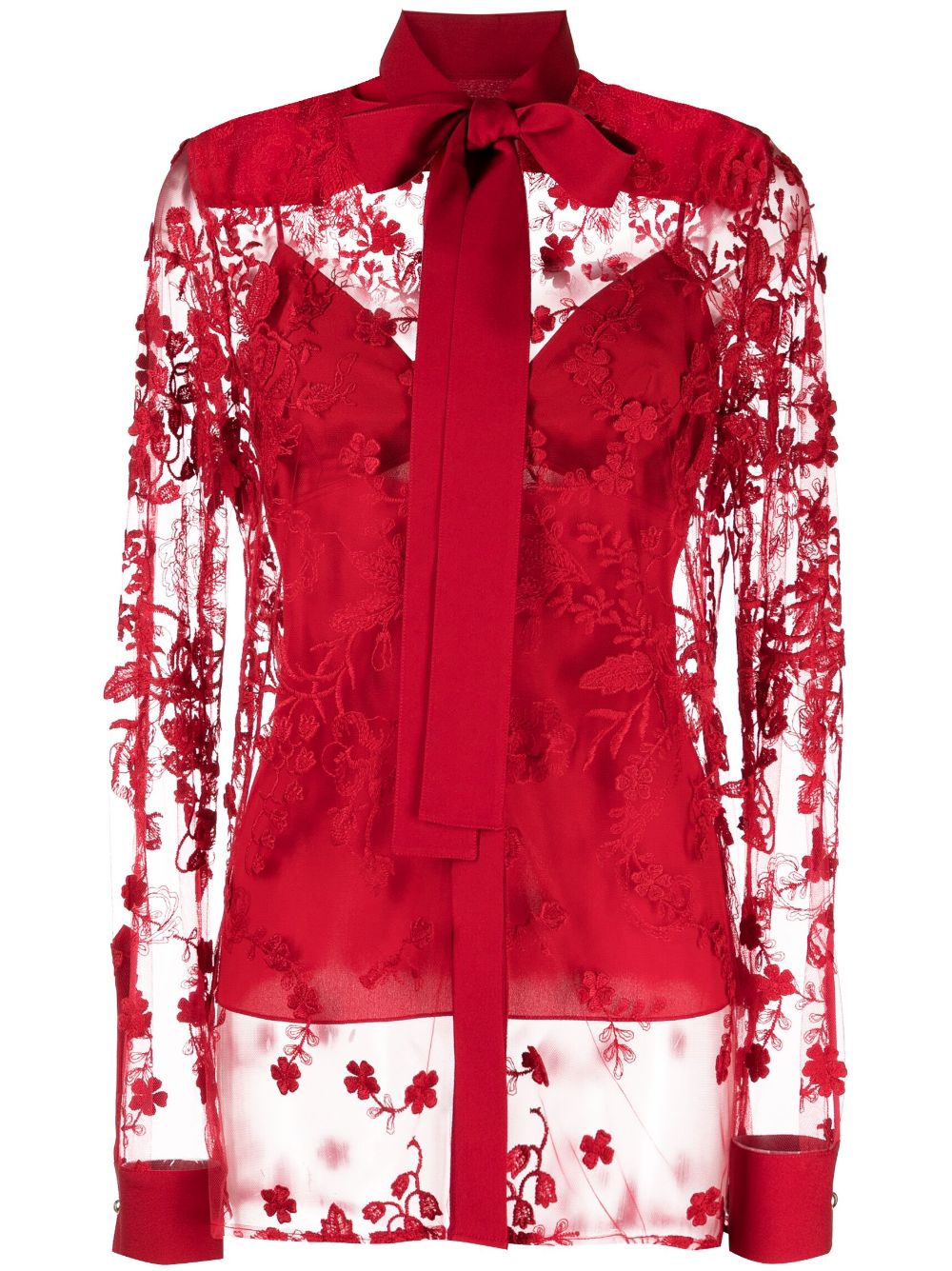 Elie Saab floral-embroidery tulle-overlay shirt - Red von Elie Saab