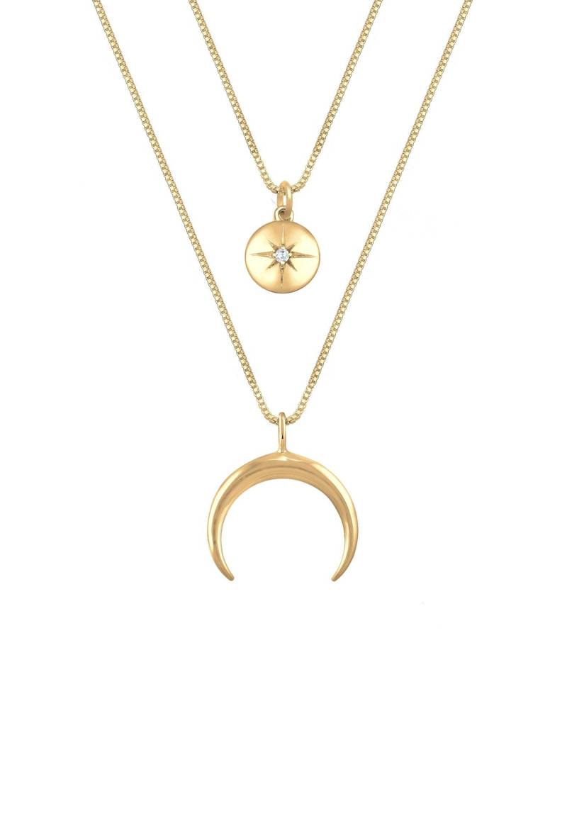 Halskette Layer Halbmond Stern Plättchen Zirkonia Damen Gold 45cm von Elli