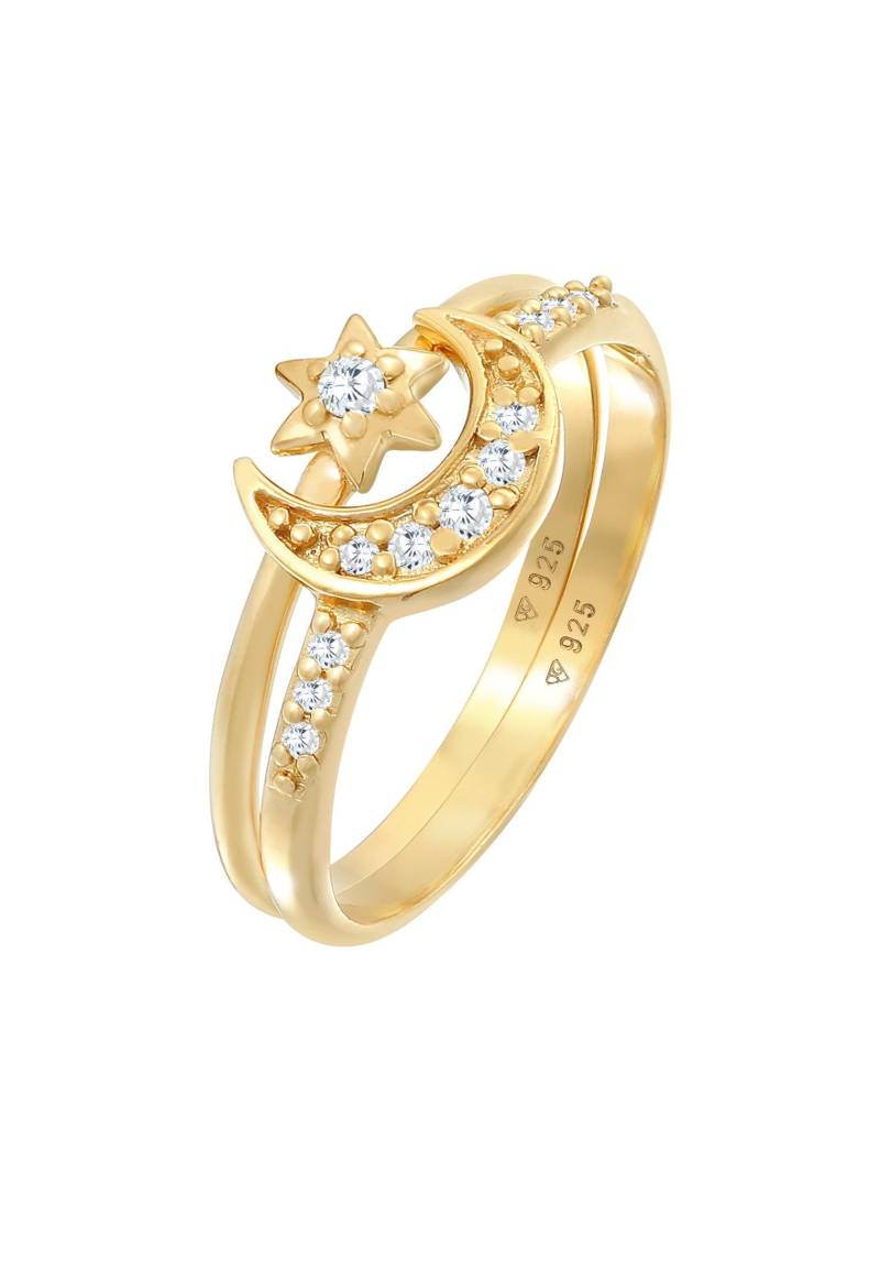 Ring Stern Mond Zirkonia Stapelring 2er Set Damen Gold 52mm von Elli