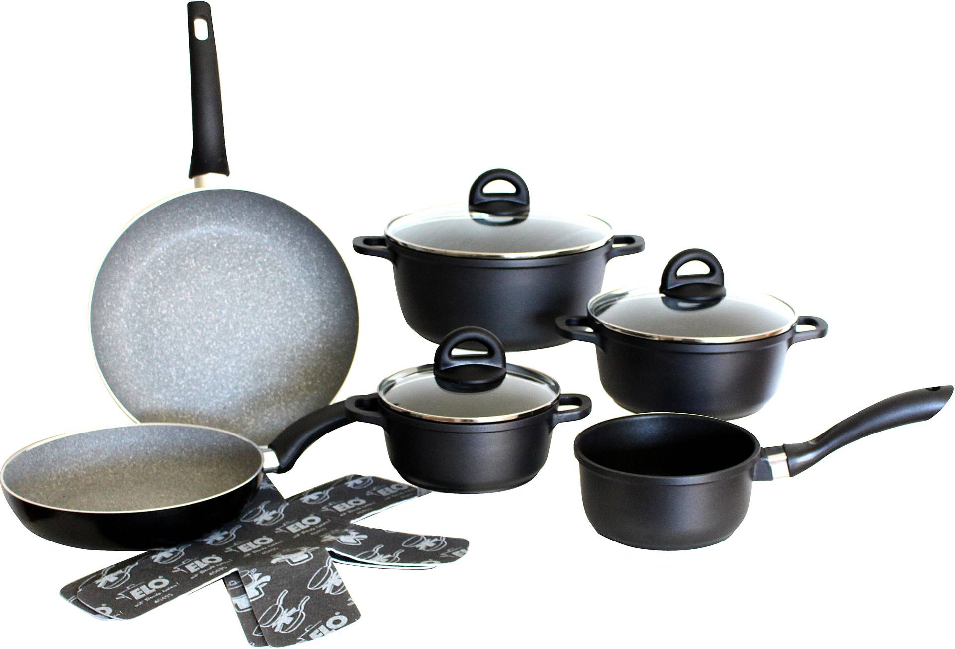 Elo Topf-Set »Black«, Aluminiumguss, (Set, 10 tlg., Kochtopf 16/20/24 cm, Stielkasserolle 16 cm, Bratpfanne 24/28 cm), mit hochwertiger Antihaftversiegelung, Induktion von Elo